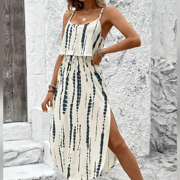 Tie-Dye Spaghetti Strap Dress With Waist Belt And Side Slit - Picture 5 of 6